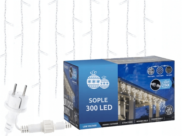 Kurtyna świetlna 300 LED 14,5m sople białe zimne Flash Lampki Choinkowe