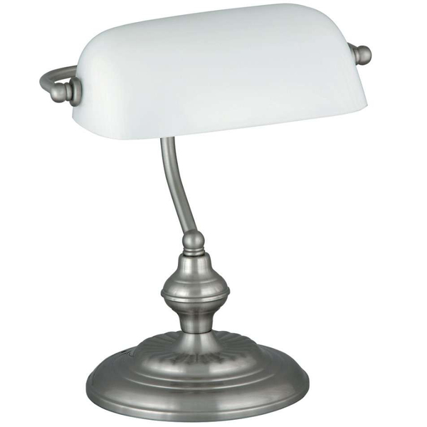 Biurkowa LAMPA industrialna BANK 4037 Rabalux metalowa LAMPKA stojąca dekoracyjna bankierska satynowy chrom biała