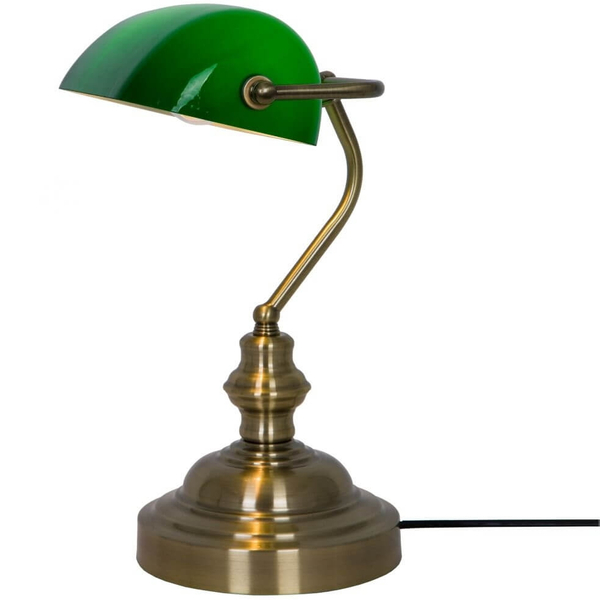 Bankierska lampa stołowa Edes do gabinetu mosiądz zielona