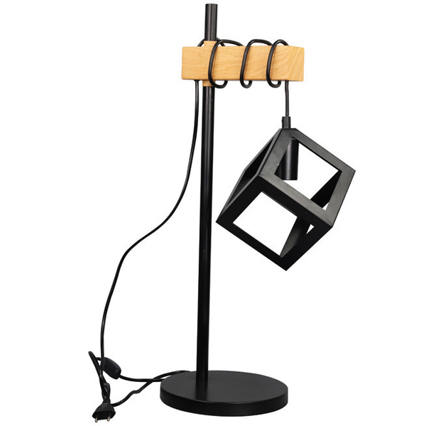 Skandynawska LAMPA stołowa SWEDEN WOOD stojąca LAMPKA metalowa kostka czarna brązowa