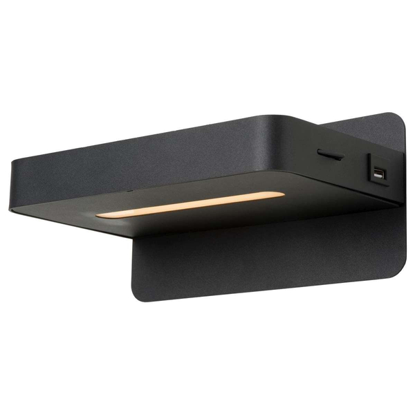 Kinkiet LAMPA ścienna ATKIN 77280/05/30 Lucide metalowa OPRAWA półka LED 5W 3000K z portem USB drewno czarna
