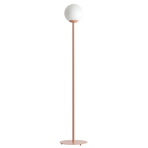 Salonowa lampa podłogowa Pinne stojąca szklana kula różowa biała