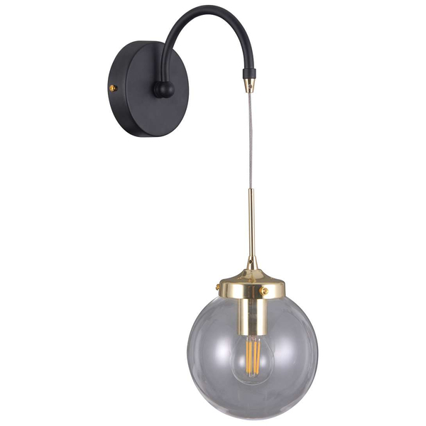 Kinkiet LAMPA ścienna DOMENICO WL-43232-1 Italux metalowa OPRAWA industrialna szklana kula ball czarna złota przezroczysta