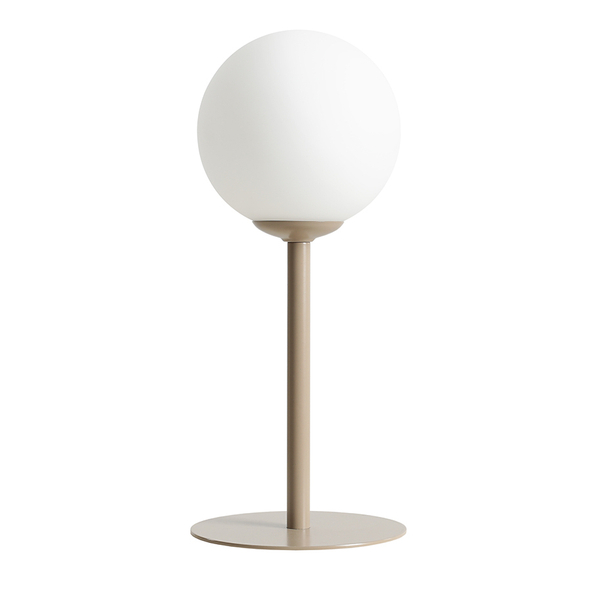 Stołowa lampa stojąca Pinne modernistyczna kula szklana beżowa biała
