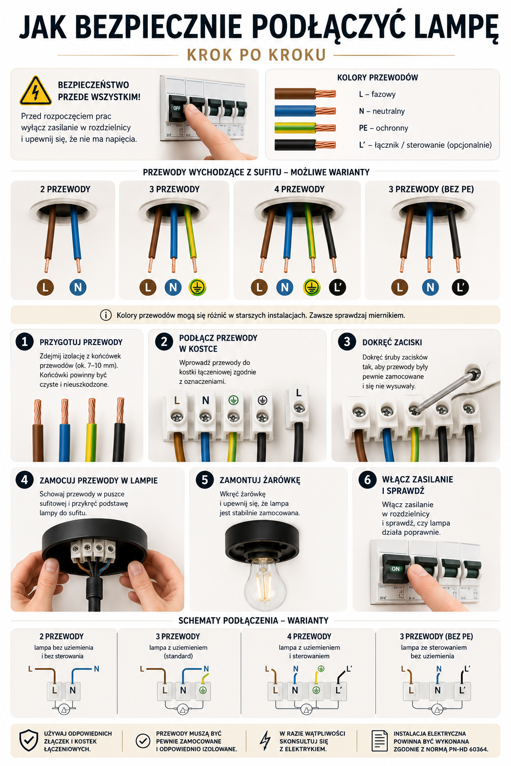 Infografika jak bezpiecznie podłączyć lampę krok po kroku