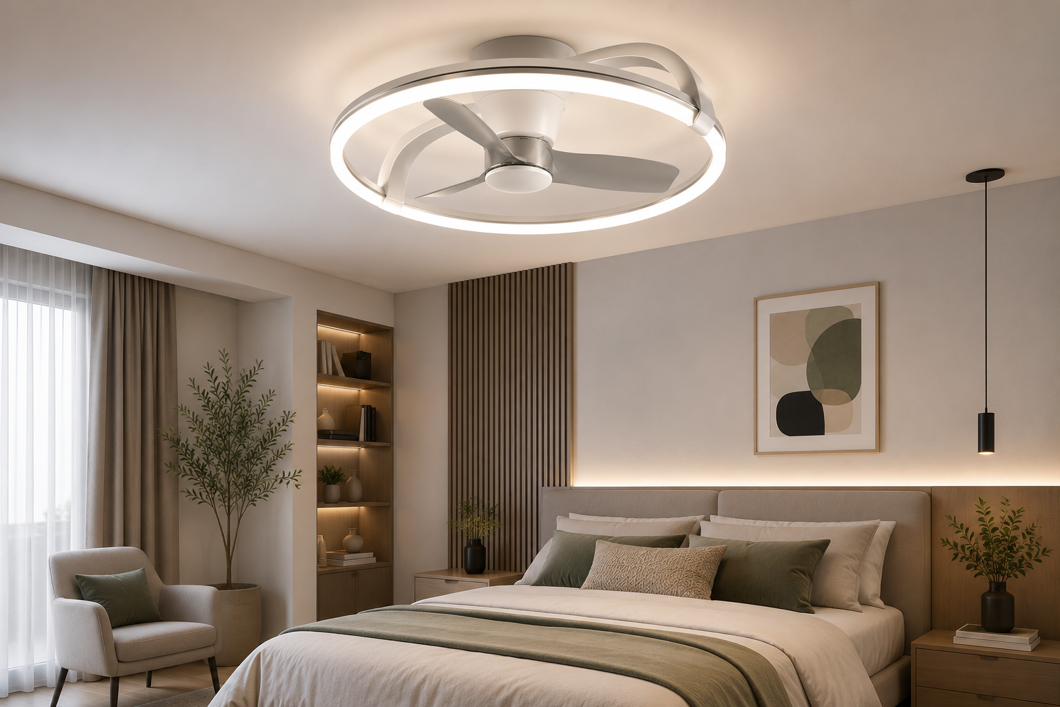 Designerski lampowentylator w kształcie podświetlanego pierścienia w sypialni