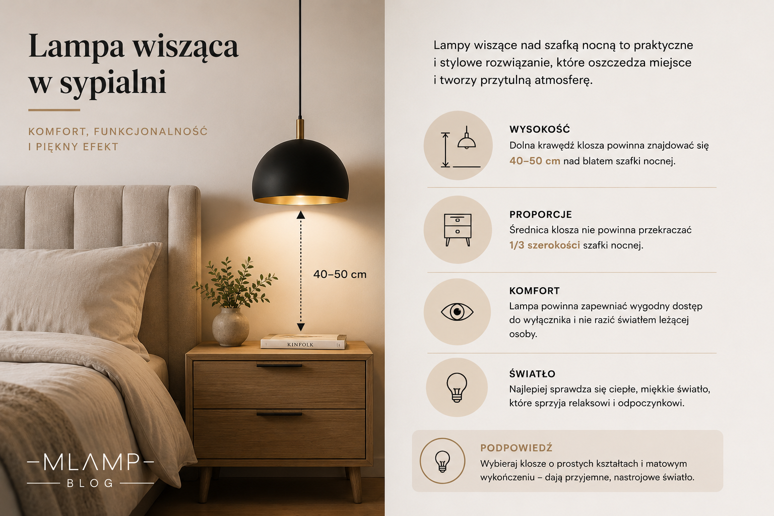 Info grafika o Lampach wiszących nad szafką nocną to praktyczne i stylowe rozwiązanie, które oszczędza miejsce i tworzy przytulną atmosferę.