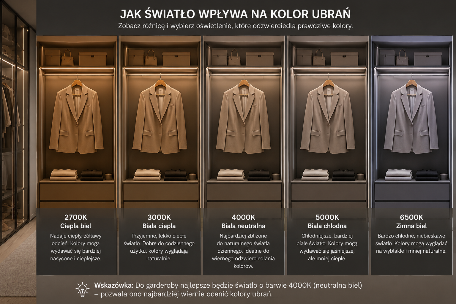 Porównanie barw światła 2700-6500K i ich wpływu na kolor ubrań w garderobie - infografika
