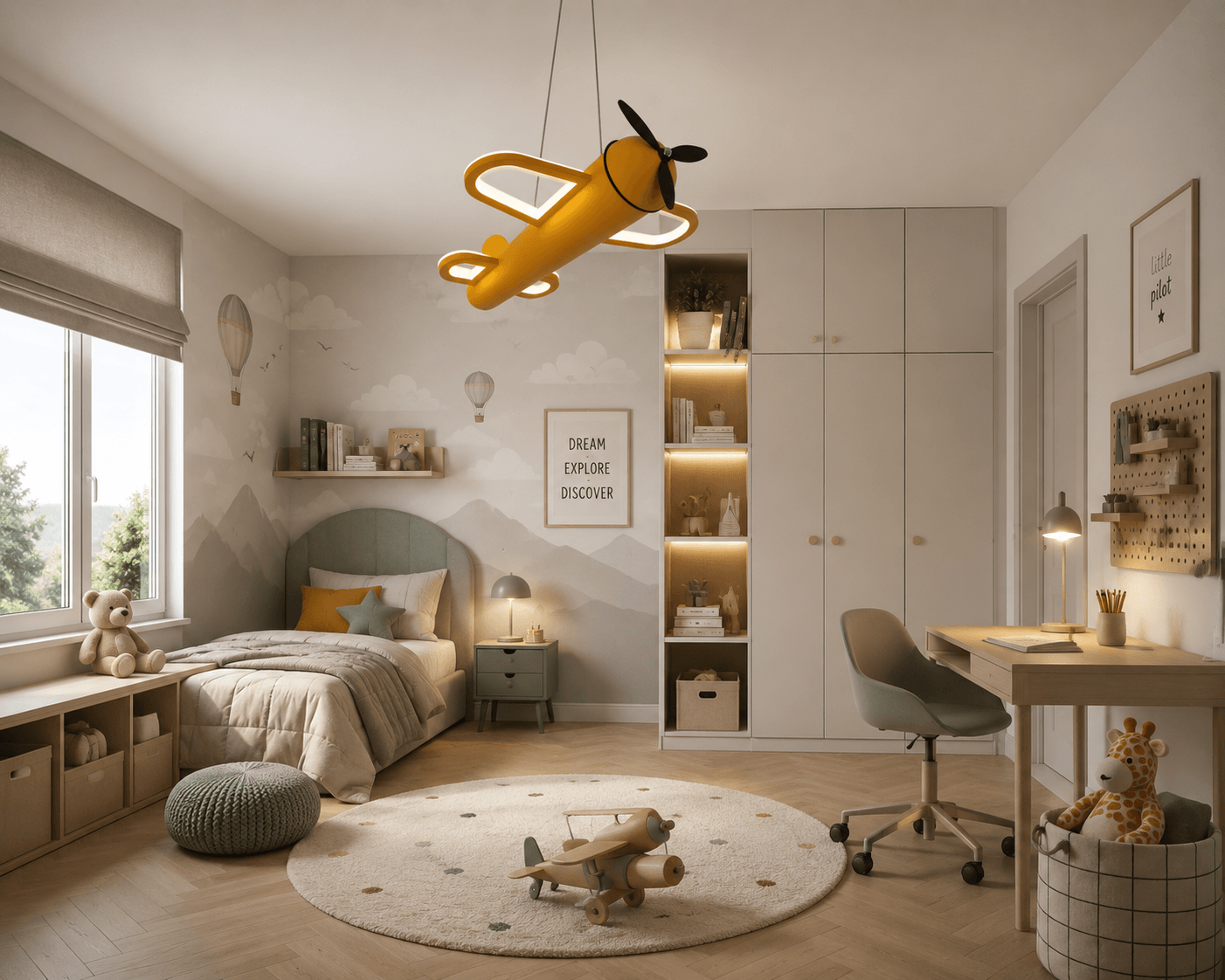 Lampa sufitowa w kształcie samolotu jako oświetlenie główne w pokoju dziecka z motywem lotniczym
