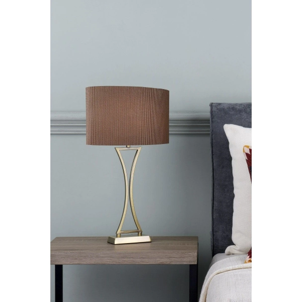 Stołowa lampa do salonu Oporto OPO4175 z abażurem brązowy mosiądz