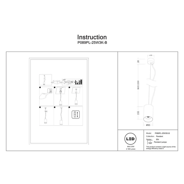 Zwisająca lampka tuba Efir P089PL-25W3K-B Maytoni LED 25W 3000K czarny