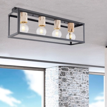 Plafon LAMPA sufitowa HAGAR 15476-4D Globo metalowa OPRAWA skandynawska klatka prostokątna hygge czarna drewniana czarna drewni