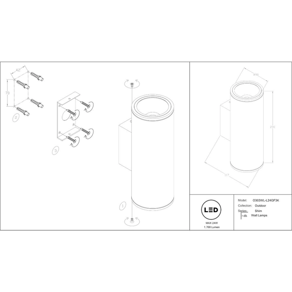 Elewacyjny kinkiet Shim O303WL-L24GF3K Maytoni LED 24W 3000K IP65 grafitowy
