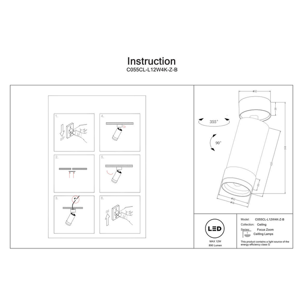 Jadalniana lampa sufitowa Focus C055CL-L12W4K-Z-B LED 12W 4000K tuba czarna