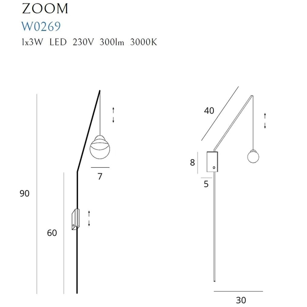 Kinkiet na wysięgniku ZOOM W0269 Maxlight LED 3W 3000K metal czarny