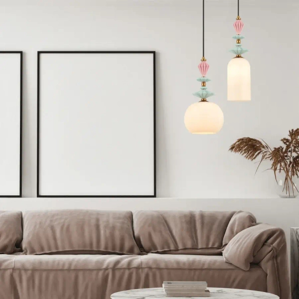 Ceramiczna lampa wisząca 22078 szklana kremowa mosiądz