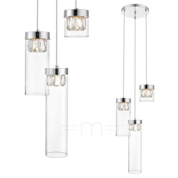 Wisząca lampa GEM P0389-03D-F4AC szklana metalowy tuby chrom przezroczyste