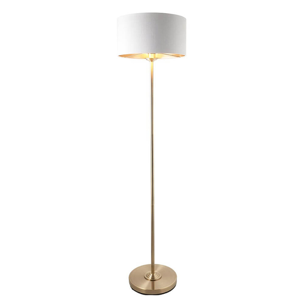 Tkaninowa lampa stojąca Highclere 112571 do salonu biała mosiądz