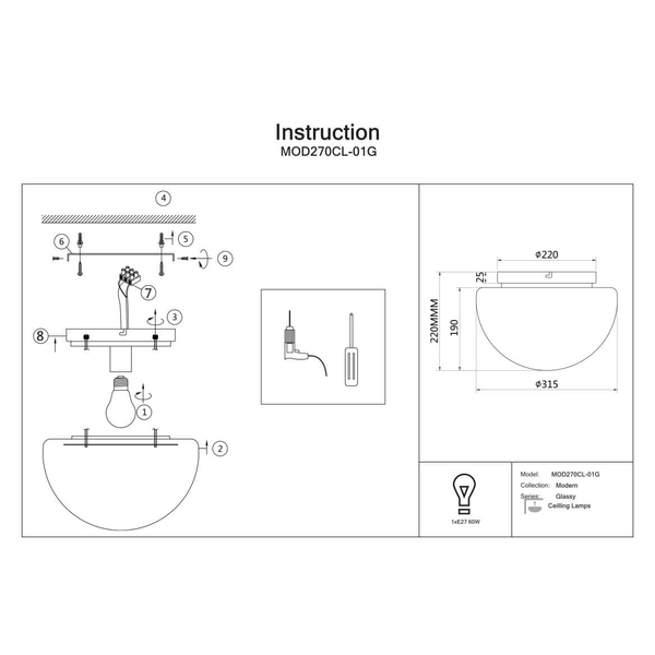 Kopułowa lampa sufitowa Glassy MOD270CL-01G Maytoni do kuchni złota