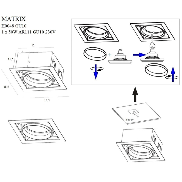 Sufitowa oprawa wpustowa MATRIX H0048 Maxlight metalowa czarna