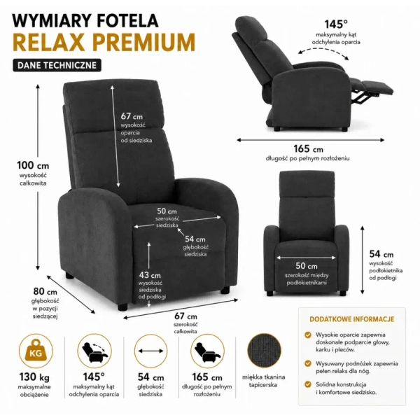 Fotel wypoczynkowy RELAX PREMIUM ciemnoszary KH1501100394 tkaninowy