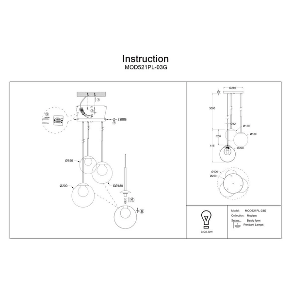 Potrójna lampa wisząca Basic form MOD521PL-03G Maytoni złoty przezroczysty