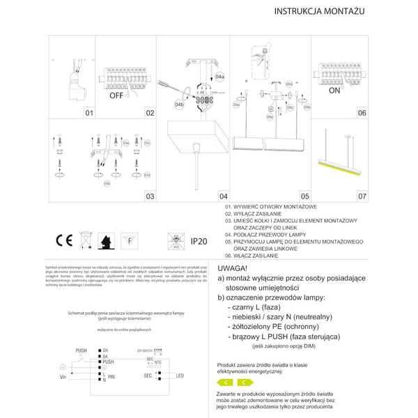 Lampa wisząca liniowa Lupinus 5115002102-1 Elkim LED 12W 3000K nad wyspę biała