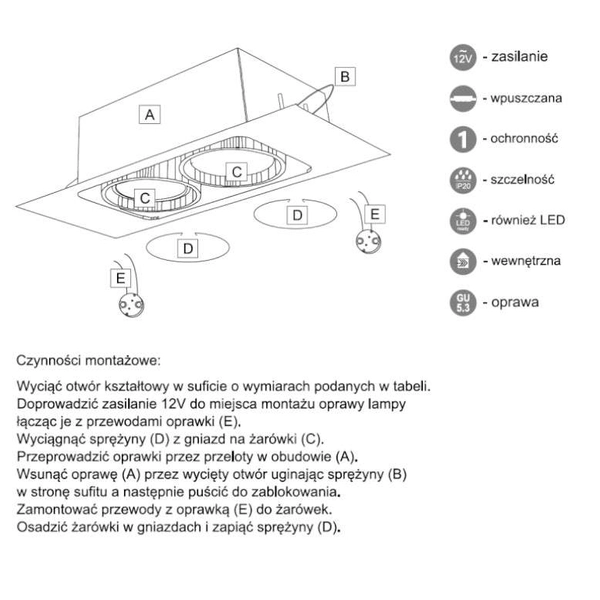 Spot LAMPA sufitowa EBINO 7316 Shilo podtynkowa OPRAWA do łazienki prostokątny wpust biały