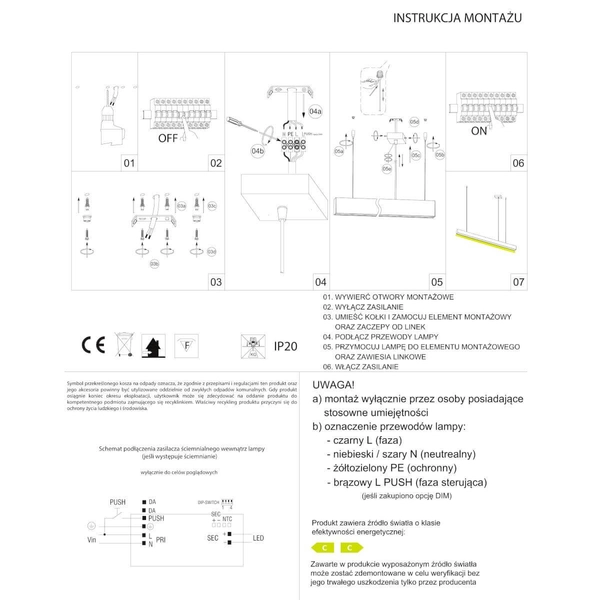 Lampa zwisowa liniowa Lupinus 5115003102-1 Elkim LED 16W 3000K jadalniana biała