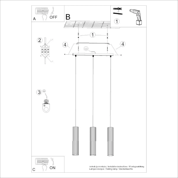 Lampa wisząca potrójna KARBON SL.1575 tubka podłużna czarna