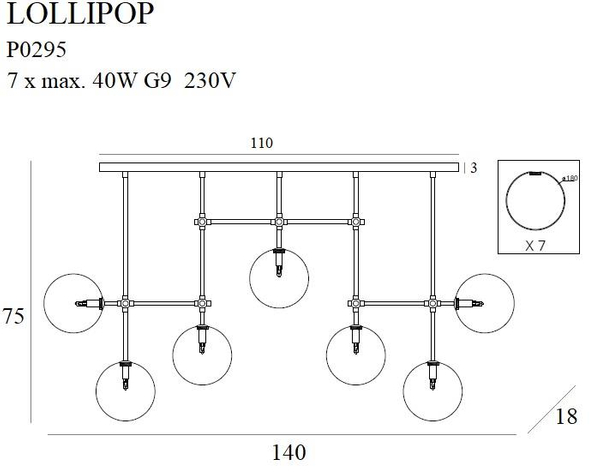 Lampa wisząca LOLLIPOP P0295 listwa szklane kule mosiądz przezroczysty