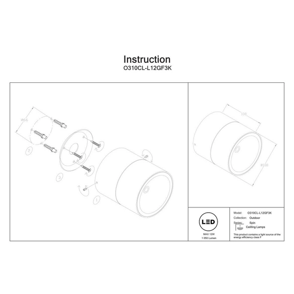 Nasufitowa lampa Spin O310CL-L12GF3K LED 12W 3000K IP54 krążek grafitowa