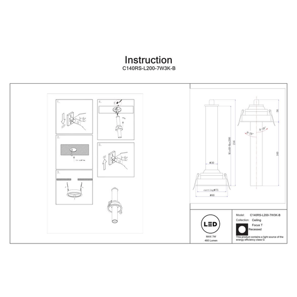 Podłużna lampa sufitowa Focus C140RS-L200-7W3K-B LED 7W 3000K wpust czarny