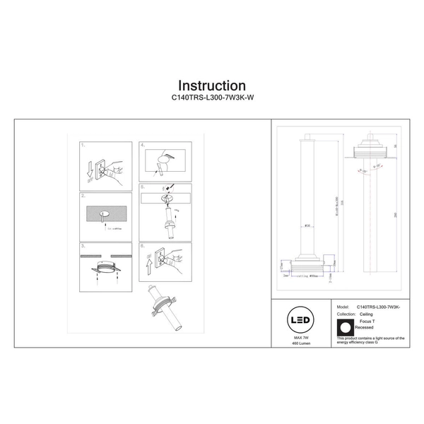 Sufitowa lampa podtynkowa Focus C140TRS-L300-7W3K-W LED 7W 3000K tuba biała