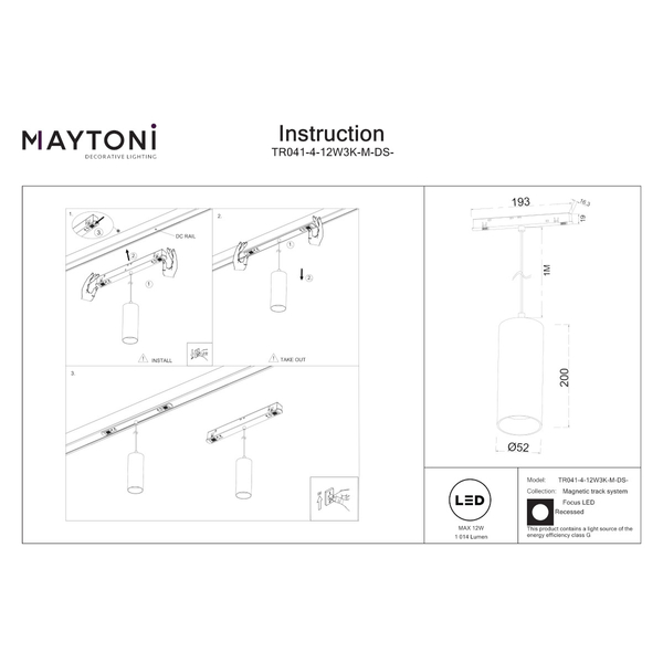 Szynowa lampa zwisająca magnetyczna Focus TR041-4-12W3K-M-DS-BBS LED 12W 2700-6000K sopel mosiądz