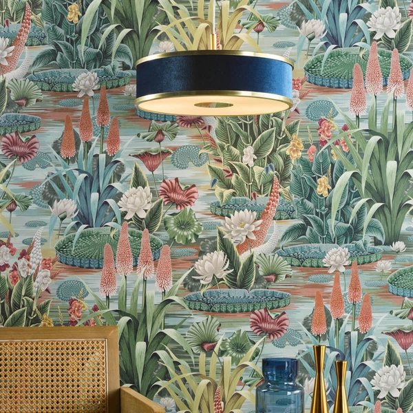 Materiałowa lampa wisząca Alvaro ALV1023 okragła mosiądz niebieski