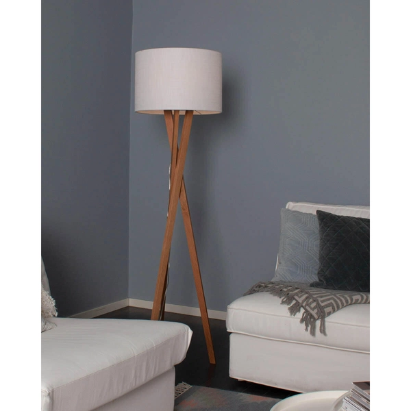 Stojąca lampa abażurowa Vega drewniana na trójnogu biała