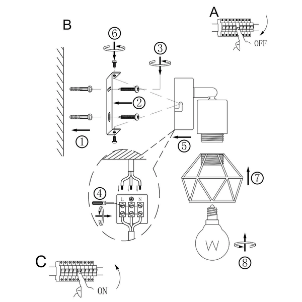 Druciana LAMPA ścienna XARA I 54802S-1 Globo metalowa OPRAWA industrialny kinkiet czarny