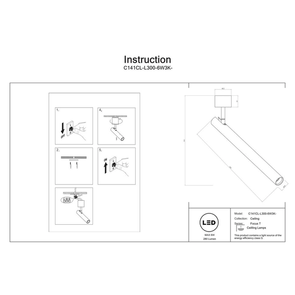 Sufitowa lampa metalowa Focus C141CL-L300-6W3K-BBS LED 6W 3000K mosiądz