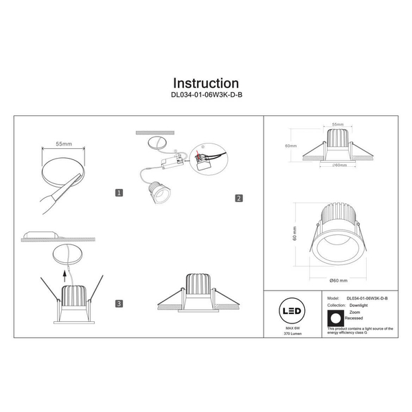 Lampa wpustowa Zoom DL034-01-06W3K-D-B LED 6W 3000K IP65 oczko czarna