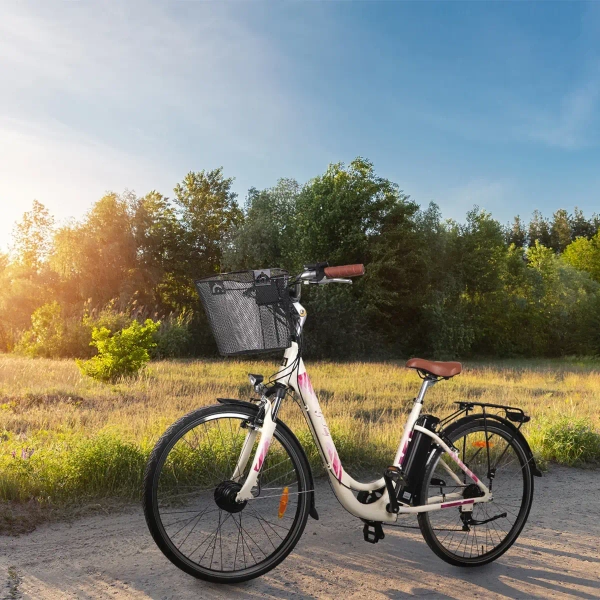 Rower elektryczny z koszykiem Goldbike 326942 28" do 80 km 42V / 2A różowy