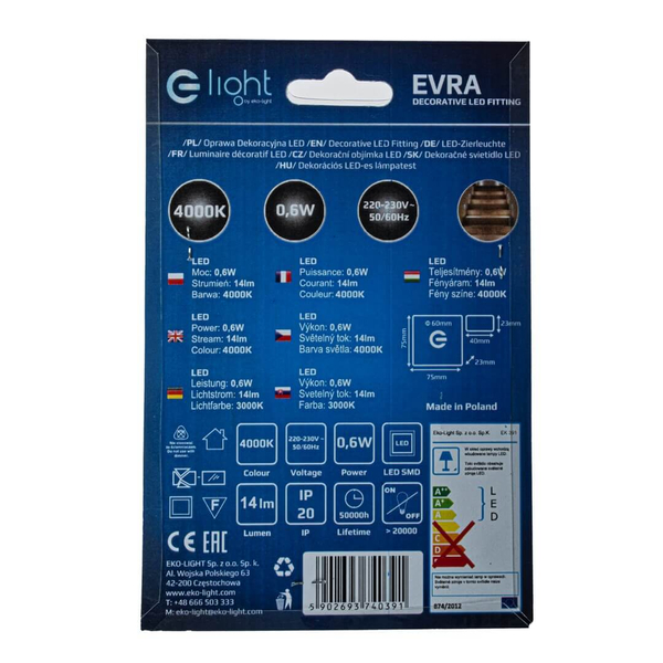 Schodowa lampa ścienna Evra EKS0391 LED 0,6W 4000K kwadratowa biały srebrny