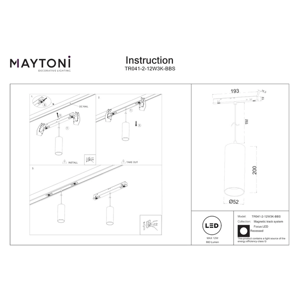 Wisząca lampa do szyn magnetycznych Focus TR041-2-12W3K-BBS LED 12W 3000K sopel mosiądz