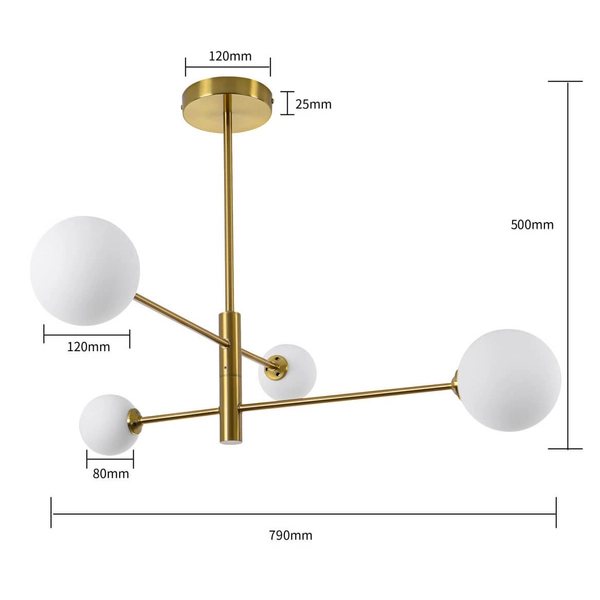 LAMPA sufitowa DORADO LP-002/4P Light Prestige loftowa OPRAWA 4-punktowy metalowy plafon molekuły szklane kule złote białe