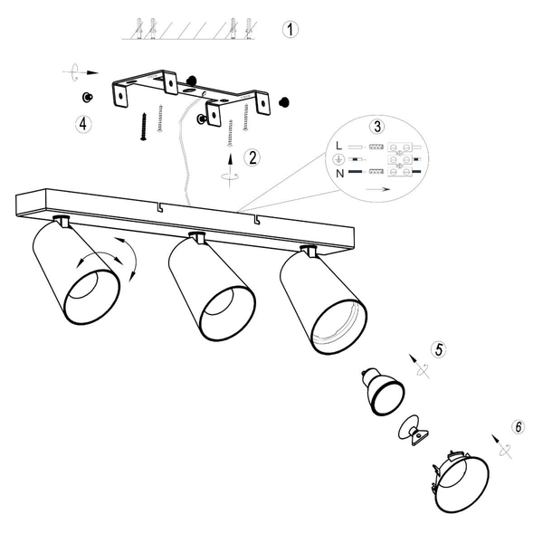 Potrójna lampa sufitowa Sharp 817100331 regulowana reflektory biała