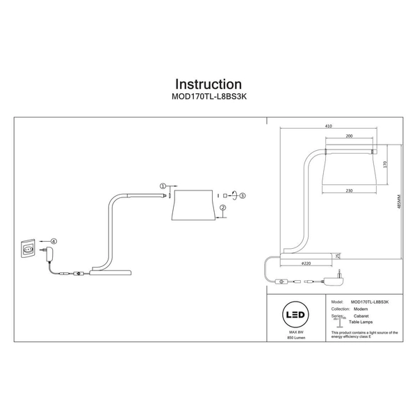 Nocna lampka Cabaret MOD170TL-L8BS3K LED 8W 3000K przezroczysty mosiądz