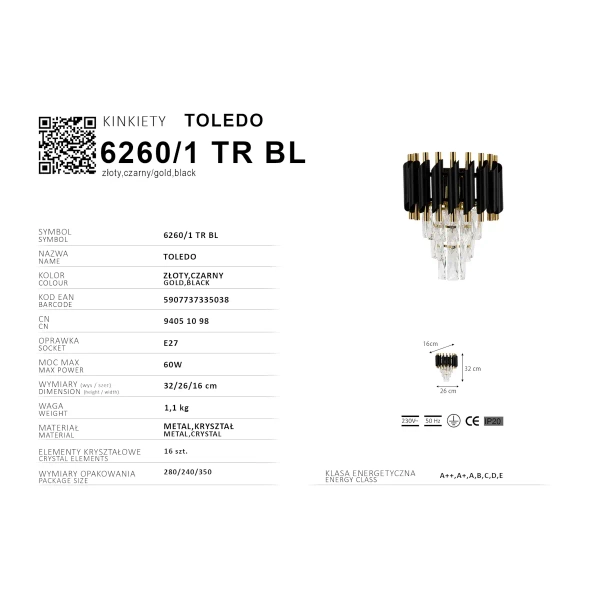 Pałacowy kinkiet naścienny Toledo 6260/1 TR BL kryształowy złoty czarny