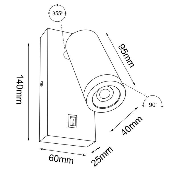 Ścienny kinkiet Doku 4026 Brosline włącznik do salonu tuba punktowa biały
