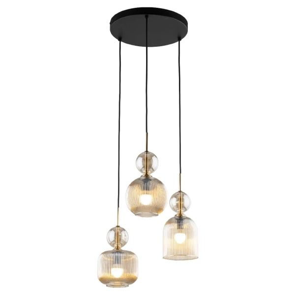 Ryflowany potrójny żyrandol Sophia Cognac 11041 szklany czarny beżowy