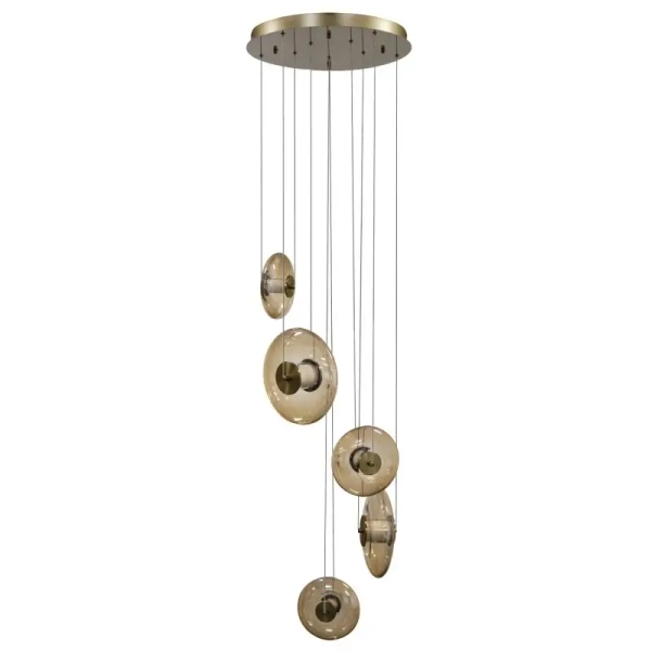Kaskadowa lampa wisząca ANDORA ściemnialna bursztynowa mosiądz szklana 5x44W 3000K AZ6886